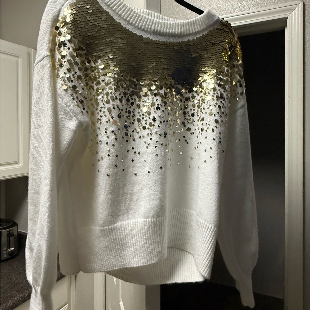 Nine West White Sweater with Gold Sequence